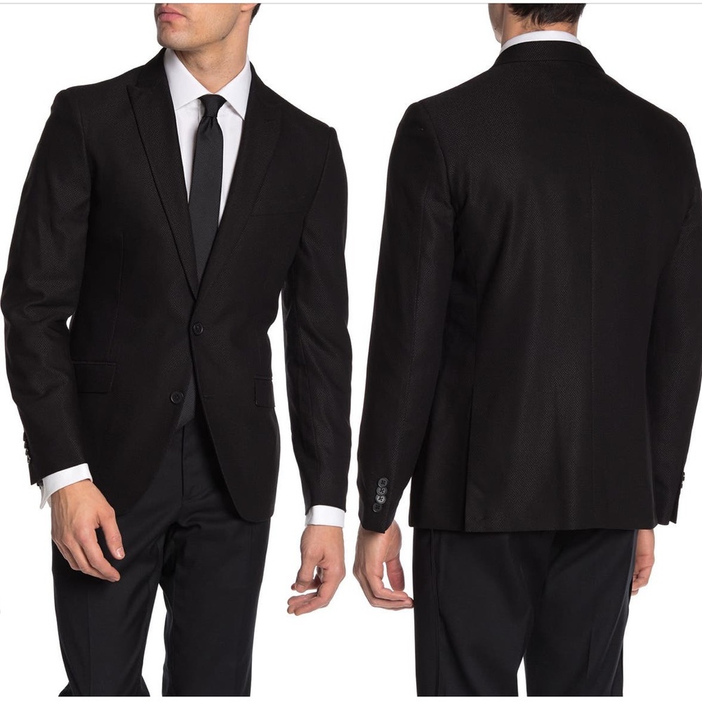 Savile Row Co Slim Fit Peak Lapel Micro Check Blazer